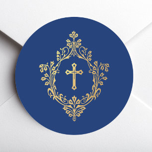 Cross in Crest Royal Blue Faux Gold Foil Religious Classic Round Sticker