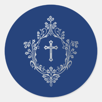 Cross in Crest Royal Blue Faux Silver  Religious  Classic Round Sticker