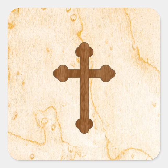 Cross in Light and Dark Wood Look Square Sticker (Front)