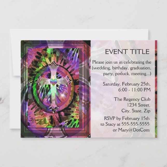 Cross in Tye Dye Colours with Heart Centre. Invitation (Front)