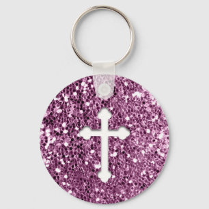 Cross in White on Pink Glitter look Key Ring