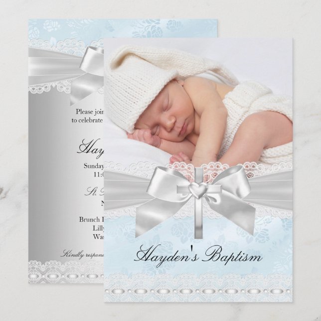 Cross Lace Bow Blue Photo Baptism Invitation (Front/Back)