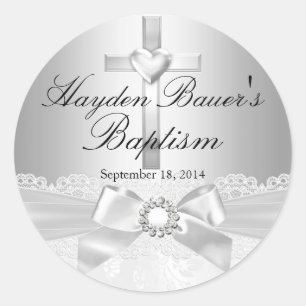 Cross & Lace Bow Silver Baptism Sticker
