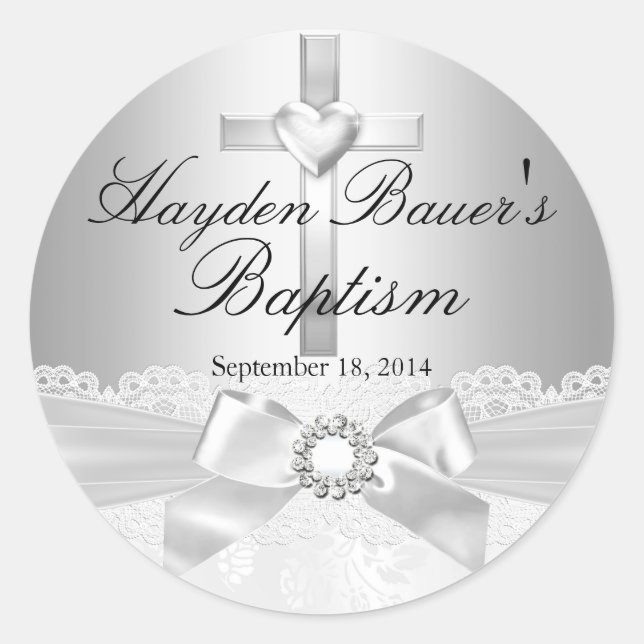 Cross & Lace Bow Silver Baptism Sticker (Front)