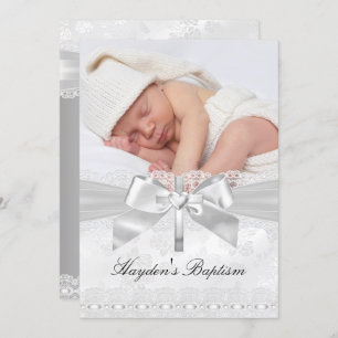Cross & Lace Bow Silver Photo Baptism Invitation