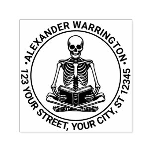 Cross Legged Skeleton Reading Name Return Address Self-inking Stamp