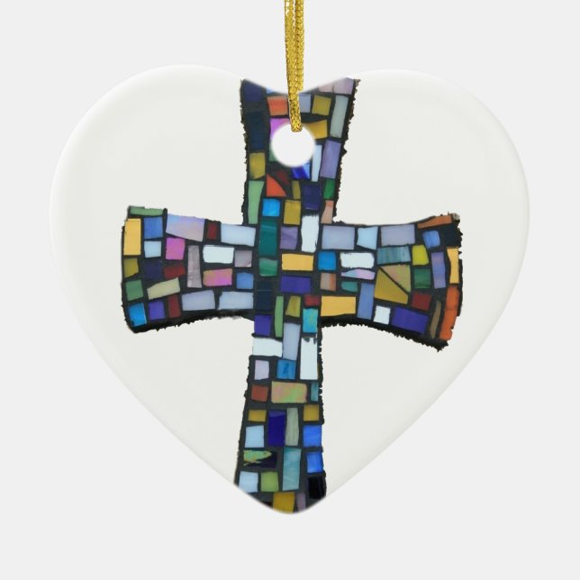 cross mosaic coloured red blue green Christian Ceramic Tree Decoration (Front)