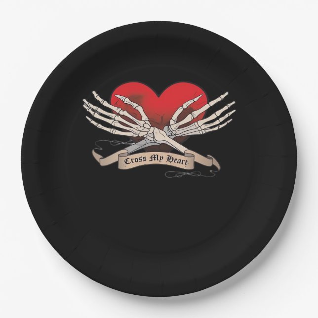 Cross My Heart Hope To Die Skeleton Hands Hearts Paper Plate (Front)