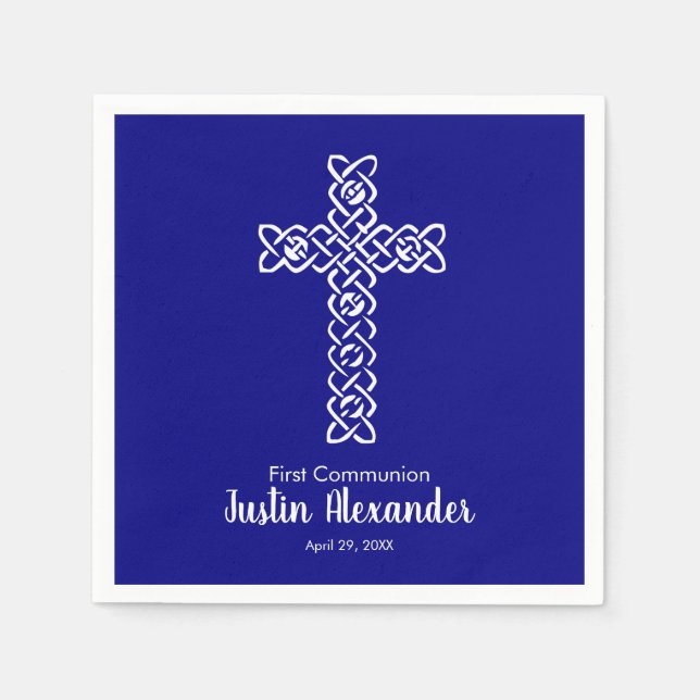 Cross | Navy Blue Communion Baptism Christening Napkin (Front)