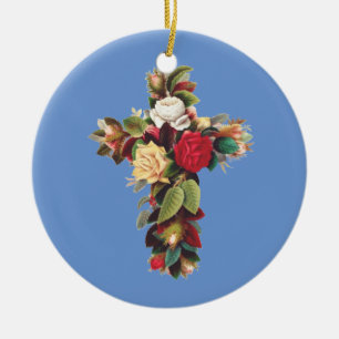 Cross of Roses Ceramic Ornament