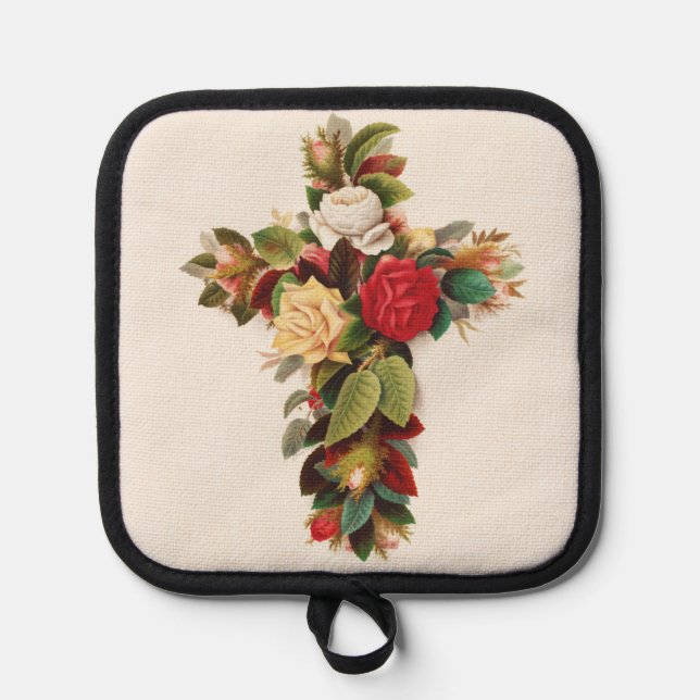 Cross of roses, Victorian era illustration Pot Holder (Front)