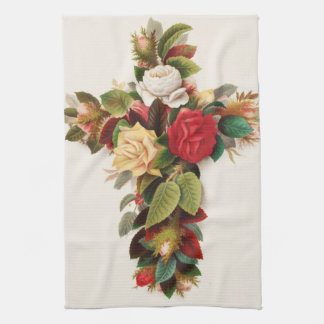 Cross of roses, Victorian era illustration Tea Towel