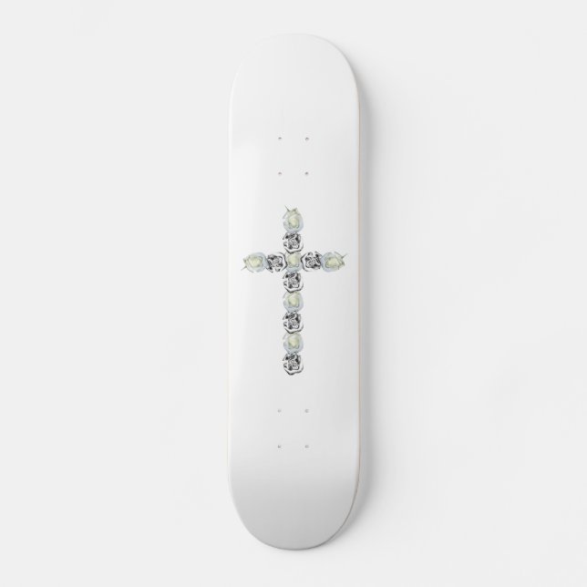 Cross of Silver and White Roses Skateboard (Front)