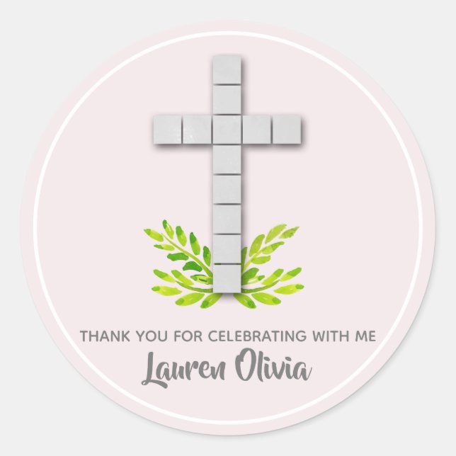 Cross on Pale Pink First Communion Sticker (Front)