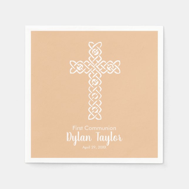 Cross on Peach | Communion Baptism Christening Napkin (Front)
