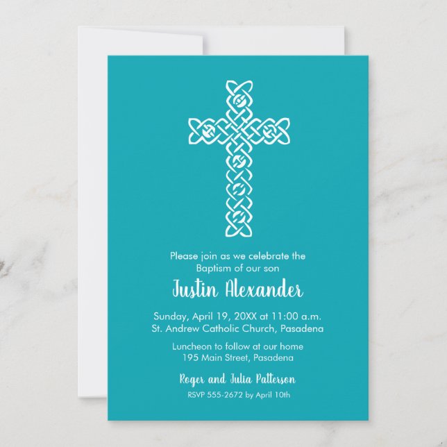 Cross on Peacock Blue Baptism, Christening Invites (Front)