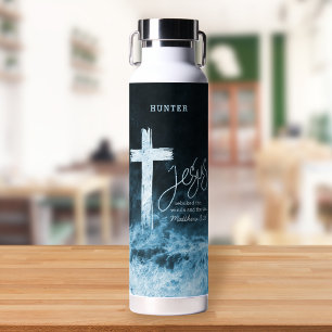 Cross on Raging Sea Bible Verse Personalised Water Bottle