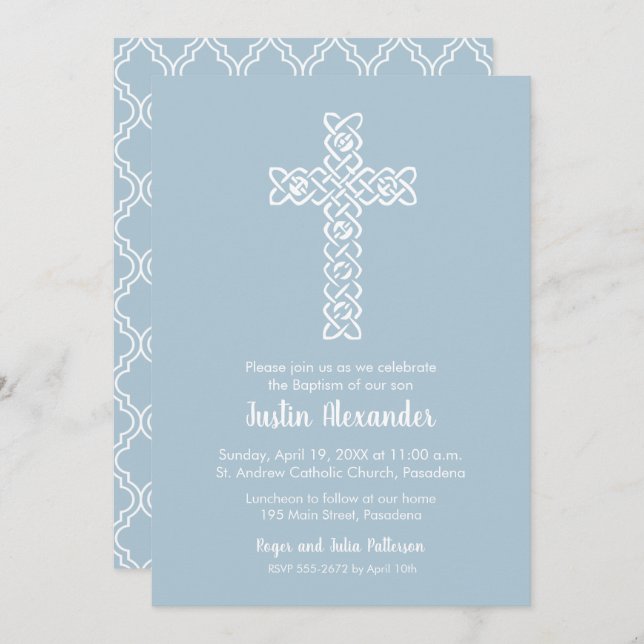Cross on Steel Blue Baptism, Christening Invites (Front/Back)