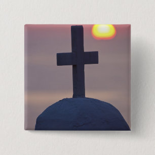 Cross on top of church at sunset, Mykonos, 15 Cm Square Badge