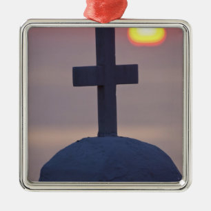 Cross on top of church at sunset, Mykonos, Metal Tree Decoration