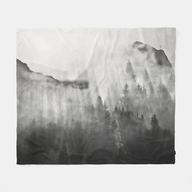 Cross on Top of Foggy Mountains Fleece Blanket (Front (Horizontal))