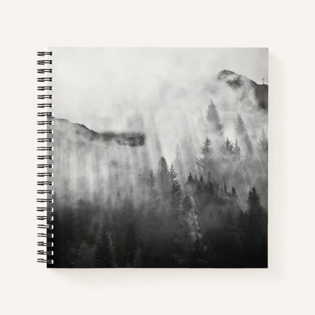 Cross on Top of Foggy Mountains Notebook (Front)