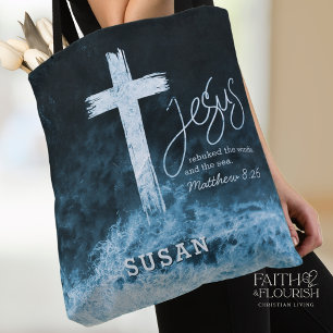 Cross on Water Dark Blue Scripture Personalised Tote Bag