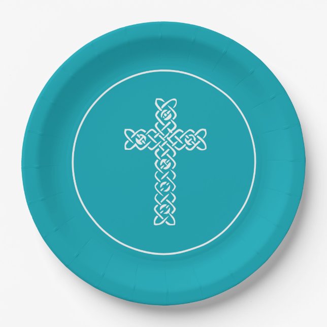 Cross Peacock Blue Communion Baptism Christen Paper Plate (Front)