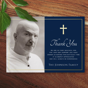Cross photo dark blue foil sympathy thank you card