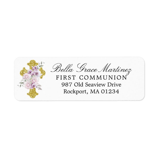 Cross Pink Floral First Communion Return Address Label (Front)