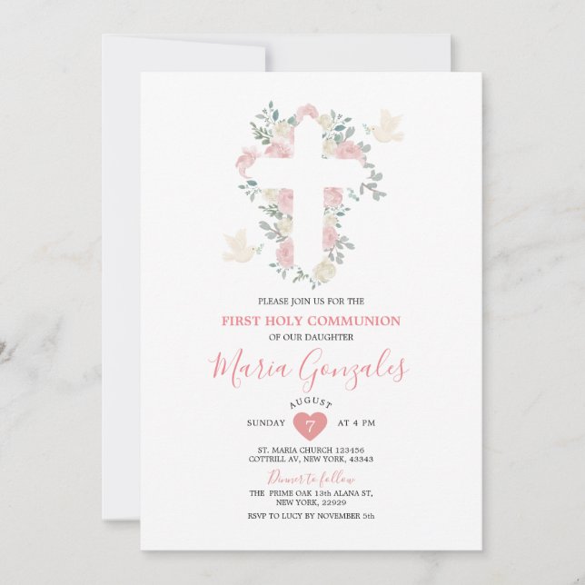 Cross Pink Flowers Girl First Holy Communion Invitation (Front)