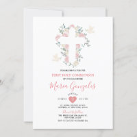Cross Pink Flowers Girl First Holy Communion