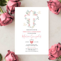 Cross Pink Flowers Girl First Holy Communion