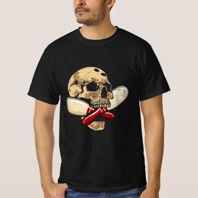 Cross Pins Bowling Retro Skull Skeleton Head Hallo T-Shirt (Front)