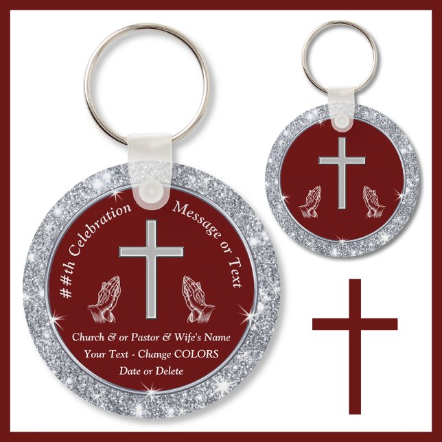 Cross Praying Hands Church Anniversary Souvenirs Key Ring (Church anniversary Ideas. Burgundy and Silver, Church party favors. Cheap church keychains. Cross)