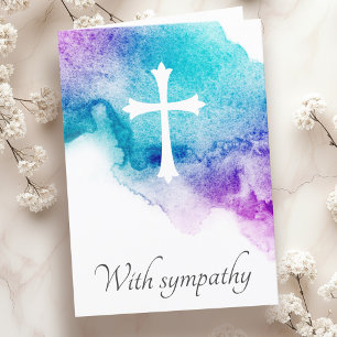 Cross purple blue watercolor sympathy condolence card