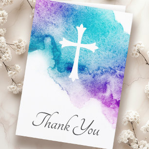 Cross & purple blue watercolor sympathy thank you  card