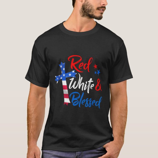 Cross Red White &amp; Blessed 4th Of July Men Wome T-Shirt (Front)