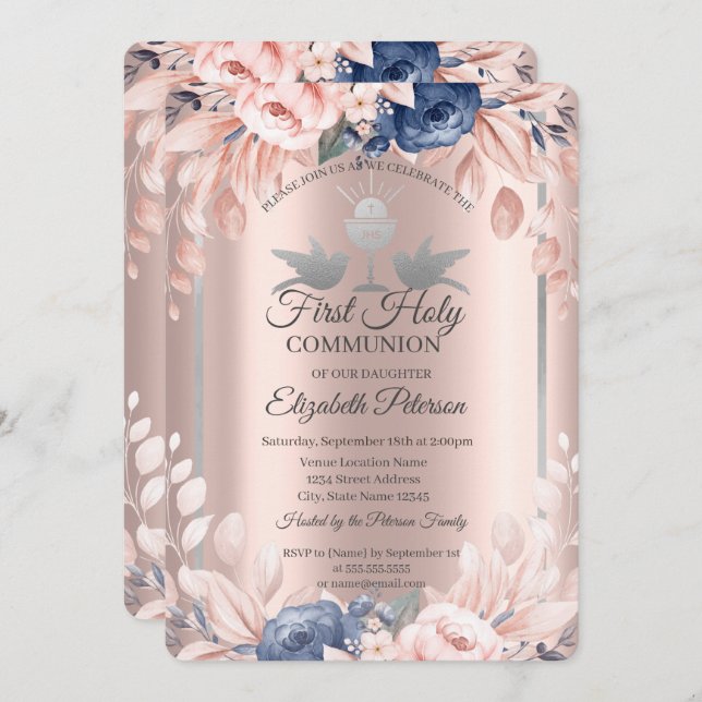 Cross Rose Gold Flowers First Holy Communion   Invitation (Front/Back)