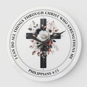 Cross, Roses and Bible Verse Large Clock
