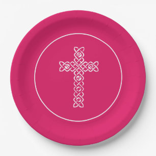 Cross Ruby Pink Communion Baptism Christening Paper Plate