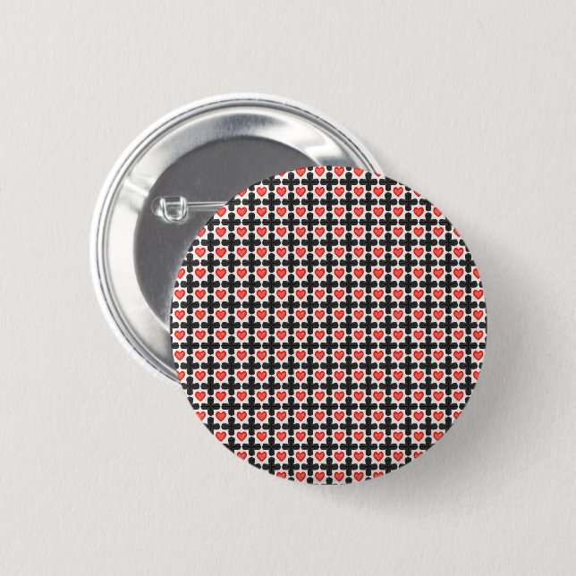 Cross Shaped Checkered Pattern with Red Hearts 6 Cm Round Badge (Front & Back)