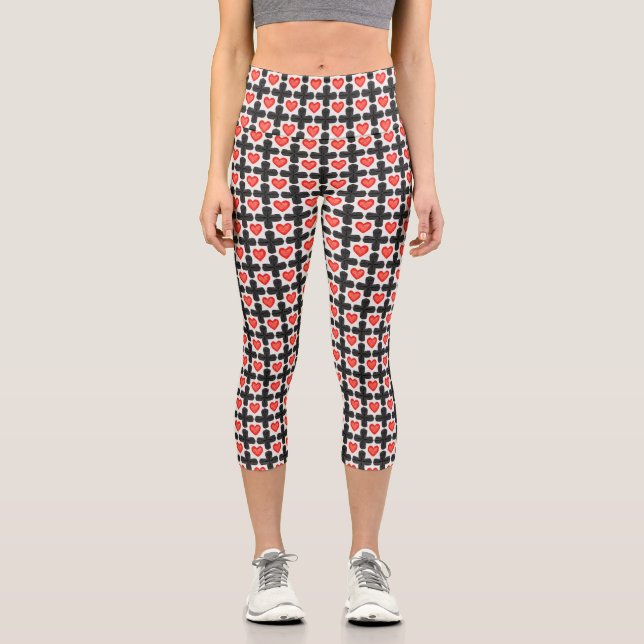 Cross Shaped Checkered Pattern with Red Hearts Capri Leggings (Front)