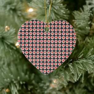 Cross Shaped Checkered Pattern with Red Hearts Ceramic Ornament