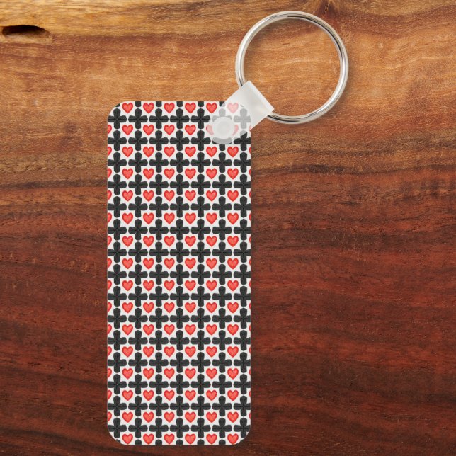 Cross Shaped Checkered Pattern with Red Hearts Key Ring (Back)