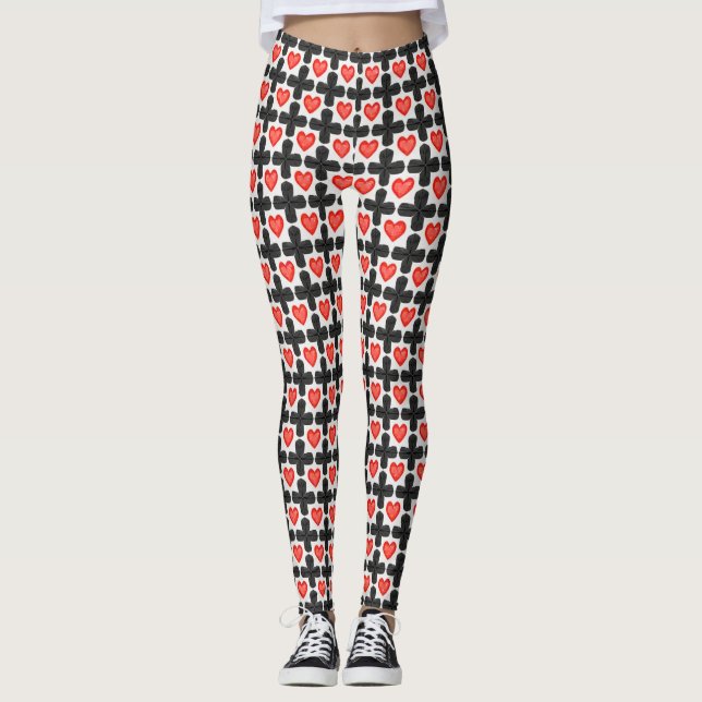Cross Shaped Checkered Pattern with Red Hearts Leggings (Front)