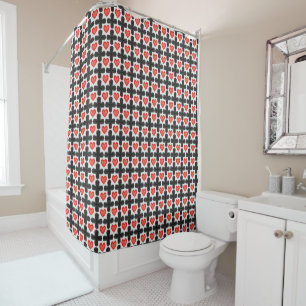 Cross Shaped Checkered Pattern with Red Hearts Shower Curtain