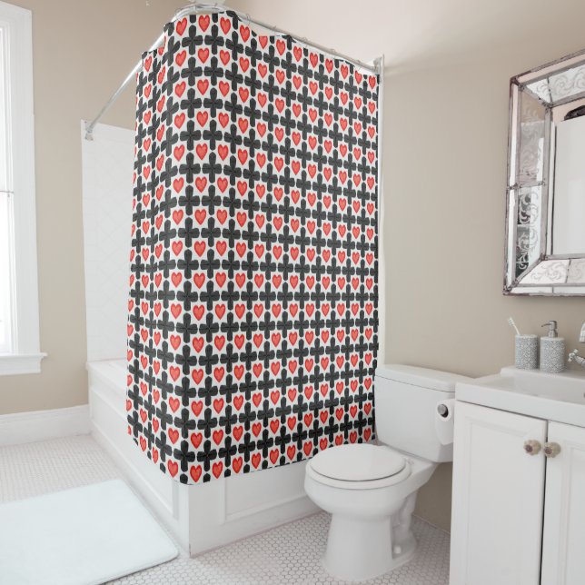 Cross Shaped Checkered Pattern with Red Hearts Shower Curtain (In Situ)