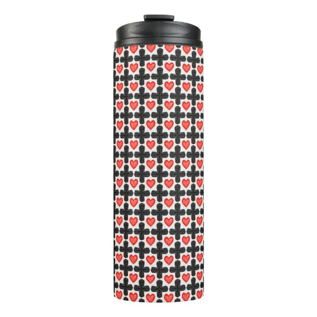 Cross Shaped Checkered Pattern with Red Hearts Thermal Tumbler (Front)