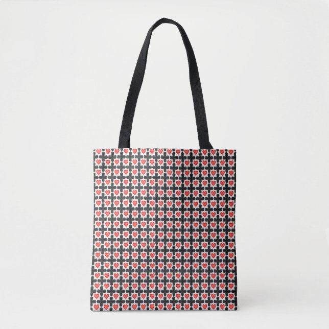 Cross Shaped Checkered Pattern with Red Hearts Tote Bag (Front)